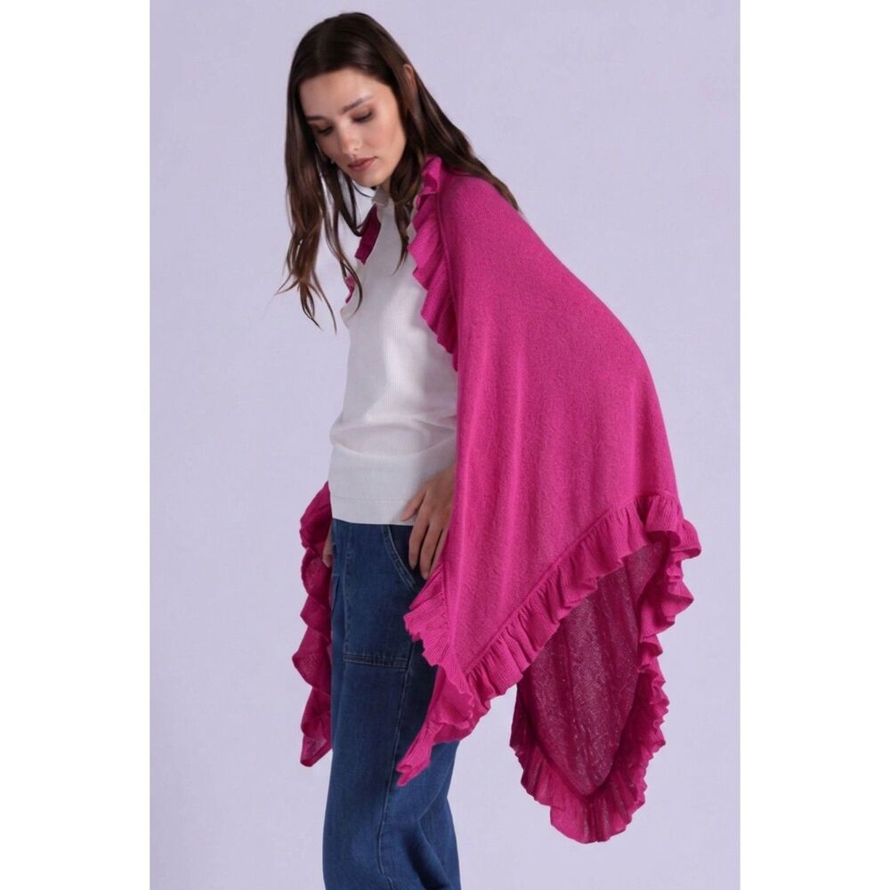 $390 Minnie Rose Bright Pink 100% Cashmere Large Ruffle Shawl